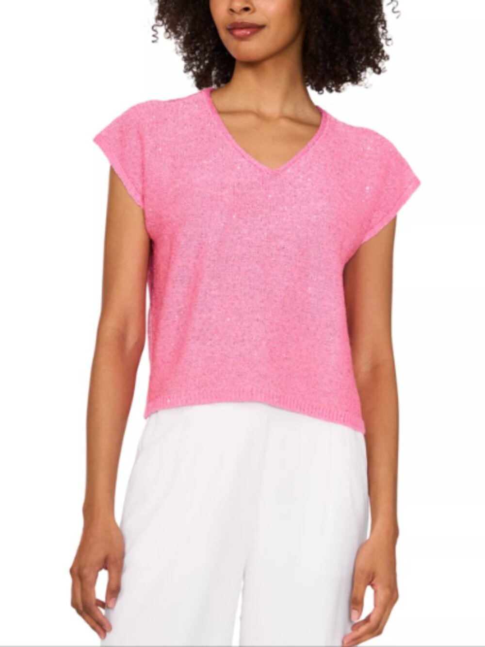 NWT! Vince Camuto Shine V-Neck Cap-Sleeve Sweater Bloom Shine Size:XL